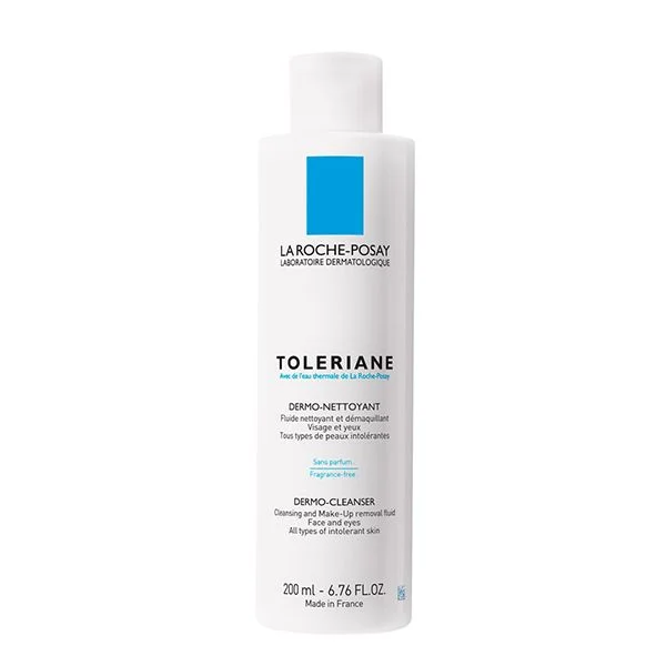 "La Roche-Posay Toleriane Dermo-Nettoyant — flacon 200 ml sur fond blanc, nettoyant et démaquillant pour peaux sensibles"